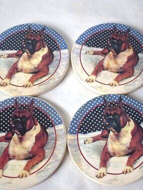 Set Of 4 Decorative Ceramic Coasters with Reclining Boxer Decoration